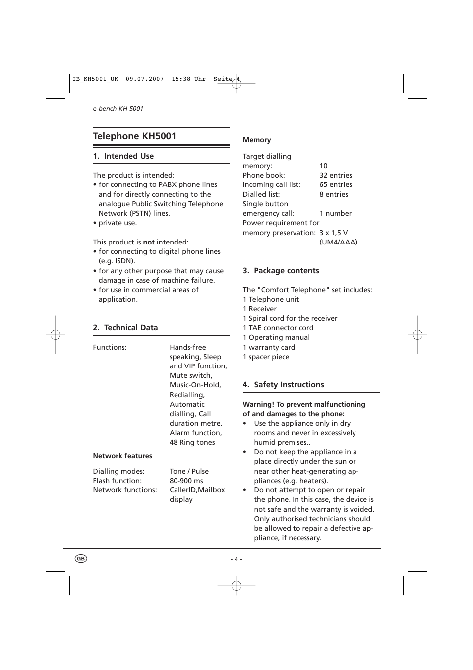 Telephone kh5001 | Kompernass bench KH5001 User Manual | Page 6 / 20