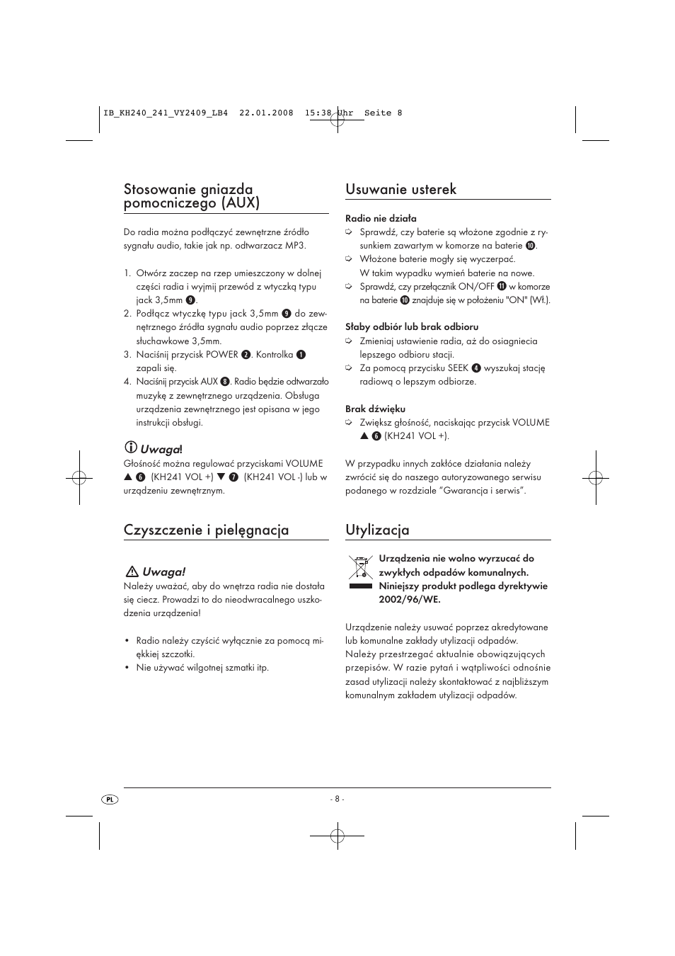 Stosowanie gniazda pomocniczego (aux), Czyszczenie i pielęgnacja, Usuwanie usterek | Utylizacja | Kompernass KH 240 User Manual | Page 10 / 35