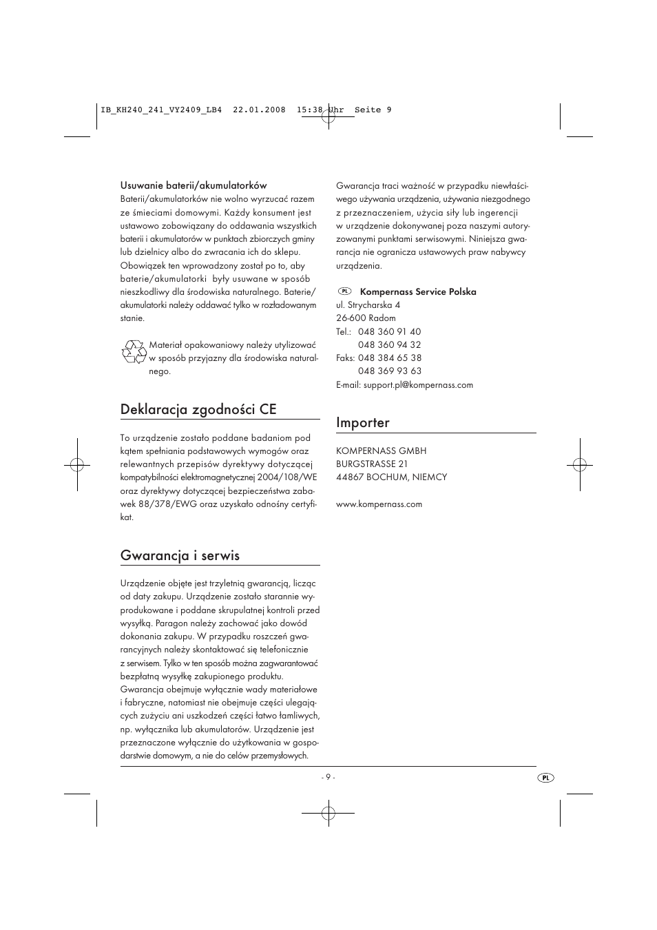 Deklaracja zgodności ce, Gwarancja i serwis, Importer | Kompernass KH 240 User Manual | Page 11 / 35