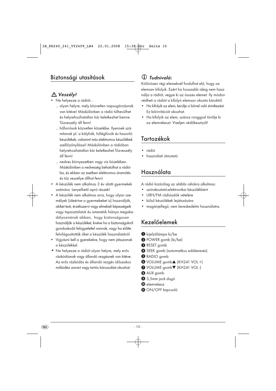 Biztonsági utasítások, Tartozékok, Használata | Kezelőelemek | Kompernass KH 240 User Manual | Page 12 / 35