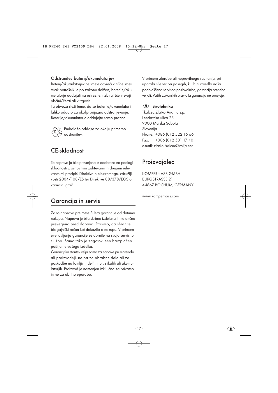 Ce-skladnost, Garancija in servis, Proizvajalec | Kompernass KH 240 User Manual | Page 19 / 35