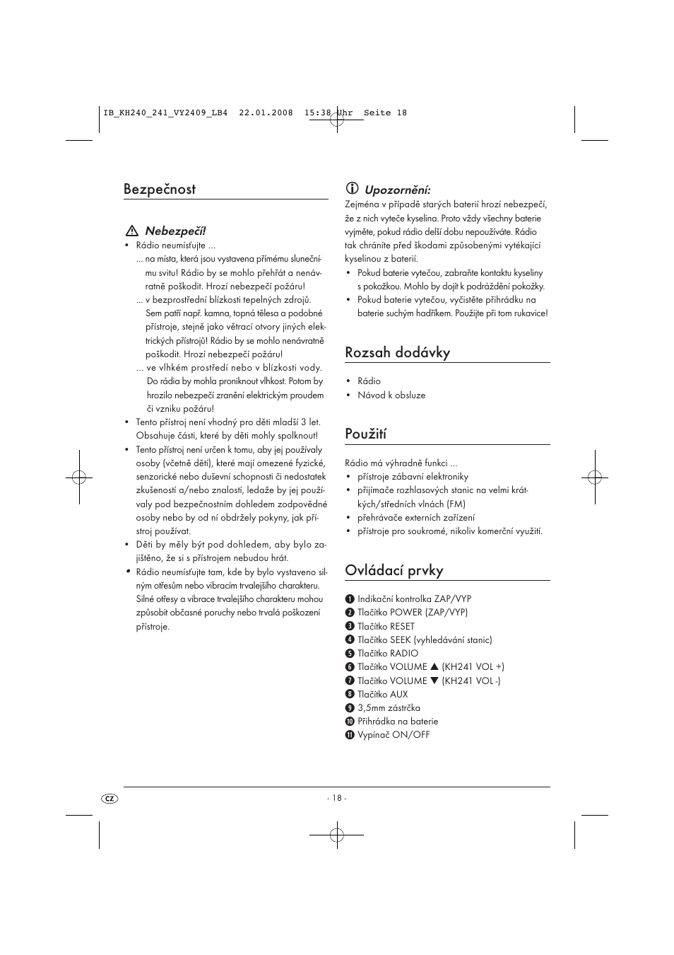 Bezpečnost, Rozsah dodávky, Použití | Ovládací prvky | Kompernass KH 240 User Manual | Page 20 / 35