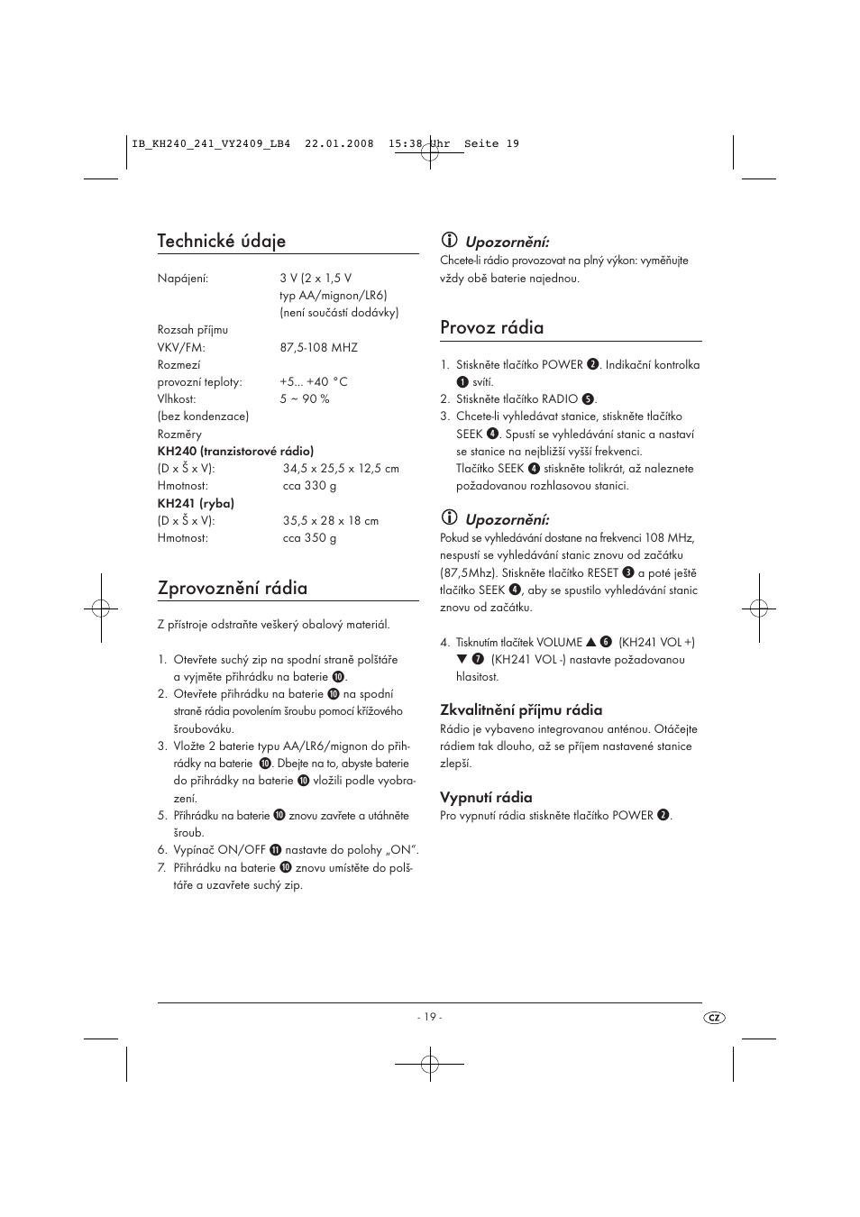 Technické údaje, Zprovoznění rádia, Provoz rádia | Kompernass KH 240 User Manual | Page 21 / 35
