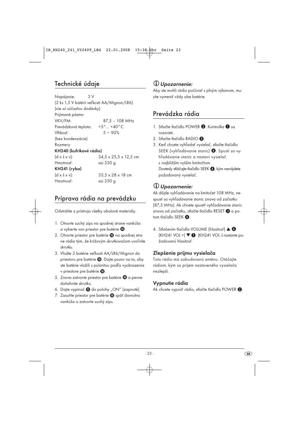 Technické údaje, Príprava rádia na prevádzku, Prevádzka rádia | Kompernass KH 240 User Manual | Page 25 / 35