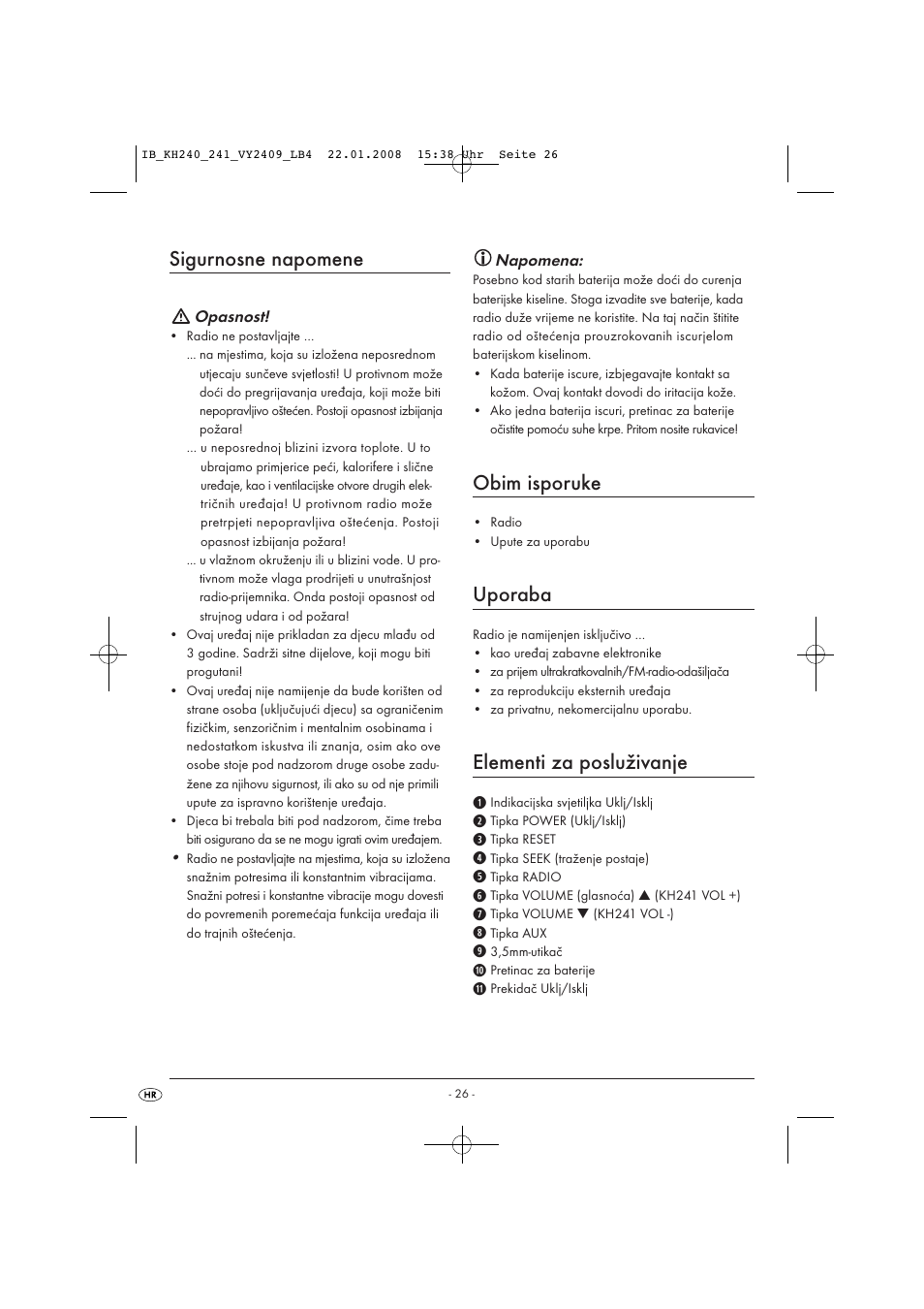 Sigurnosne napomene, Obim isporuke, Uporaba | Elementi za posluživanje | Kompernass KH 240 User Manual | Page 28 / 35