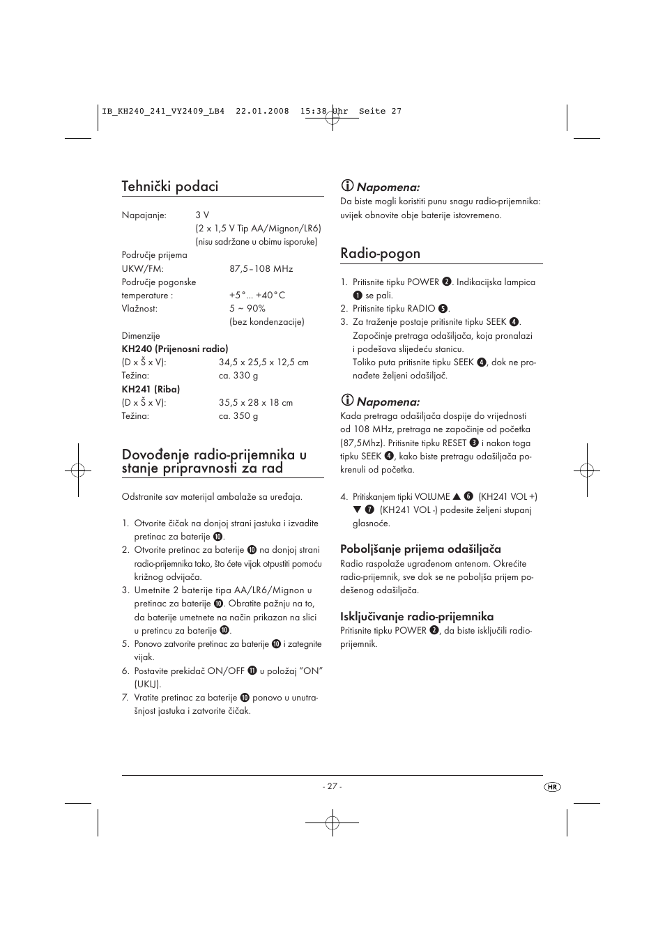 Tehnički podaci, Radio-pogon | Kompernass KH 240 User Manual | Page 29 / 35