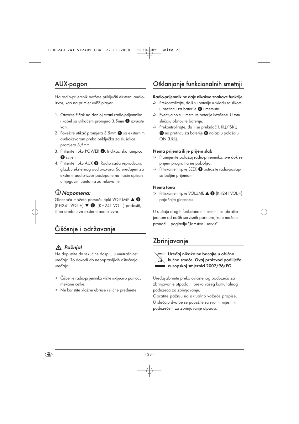 Aux-pogon, Čišćenje i održavanje, Otklanjanje funkcionalnih smetnji | Zbrinjavanje | Kompernass KH 240 User Manual | Page 30 / 35