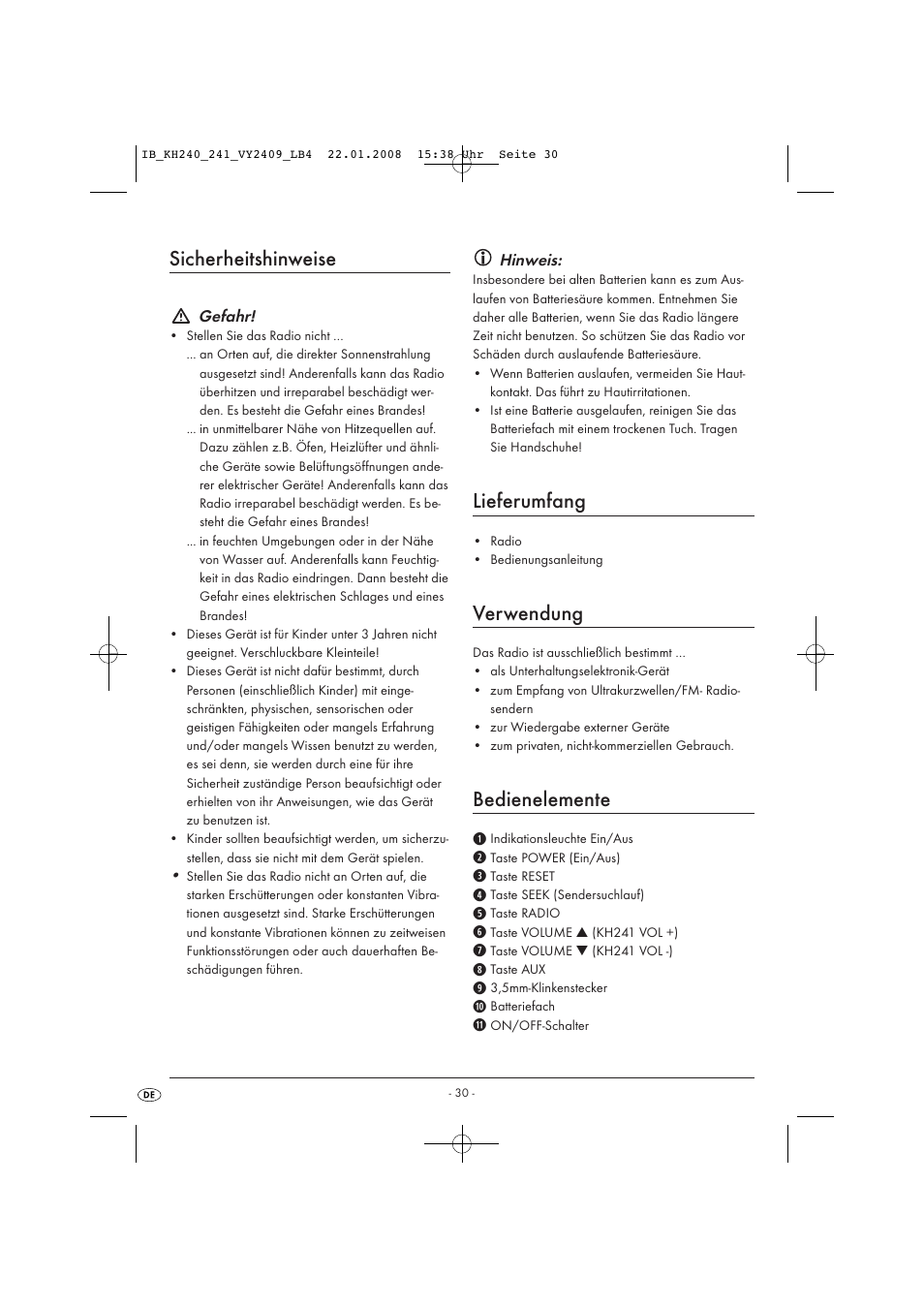 Sicherheitshinweise, Lieferumfang, Verwendung | Bedienelemente | Kompernass KH 240 User Manual | Page 32 / 35