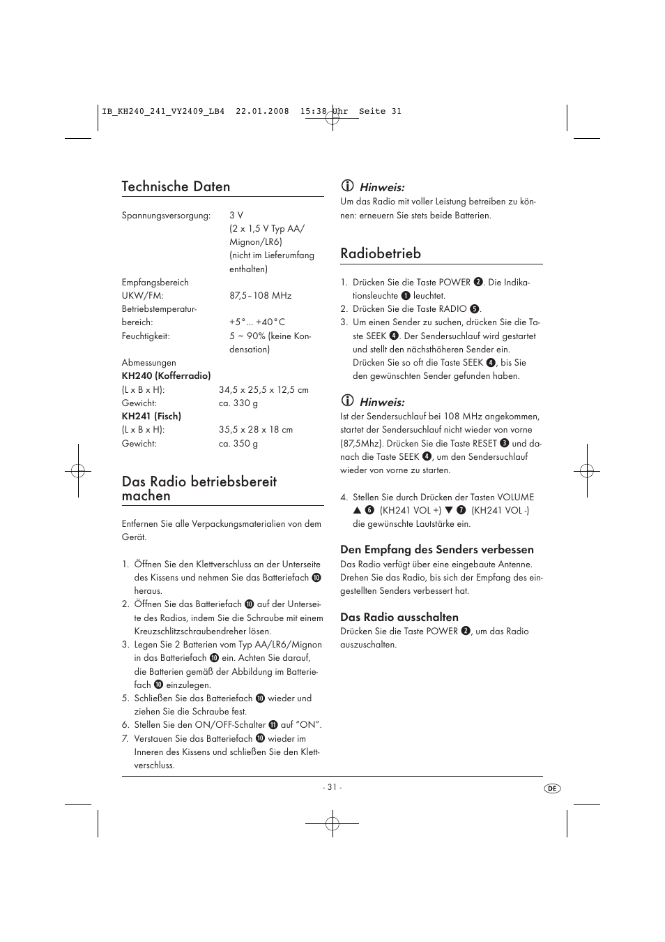 Technische daten, Das radio betriebsbereit machen, Radiobetrieb | Kompernass KH 240 User Manual | Page 33 / 35