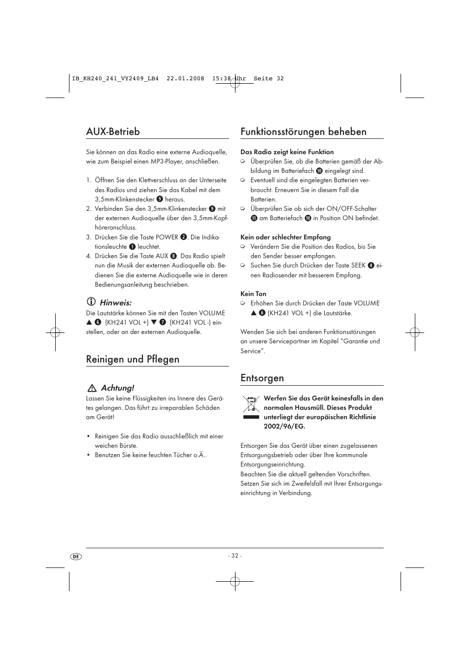 Aux-betrieb, Reinigen und pflegen, Funktionsstörungen beheben | Entsorgen | Kompernass KH 240 User Manual | Page 34 / 35