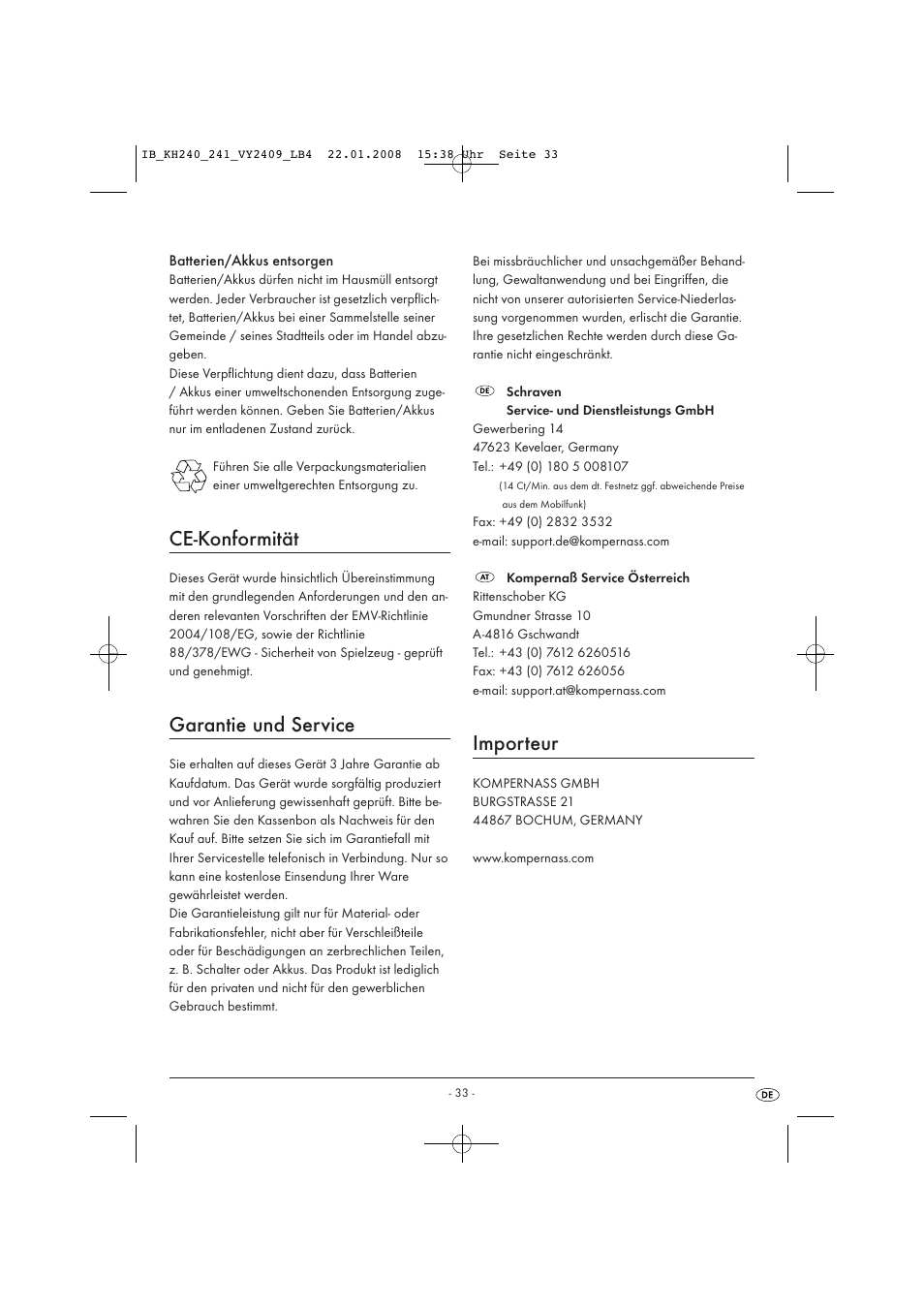 Ce-konformität, Garantie und service, Importeur | Kompernass KH 240 User Manual | Page 35 / 35