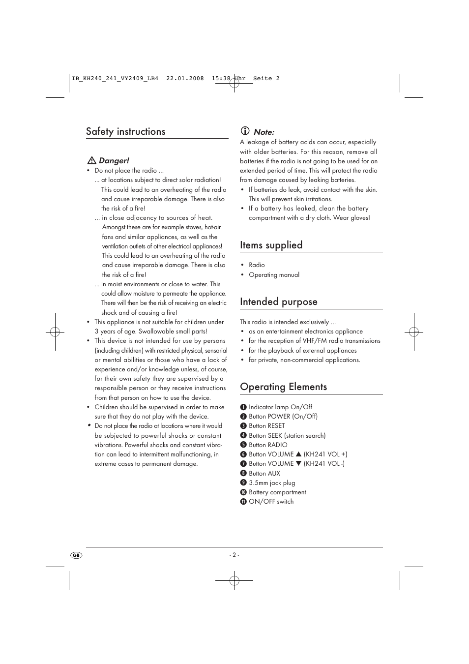 Safety instructions, Items supplied, Intended purpose | Operating elements | Kompernass KH 240 User Manual | Page 4 / 35