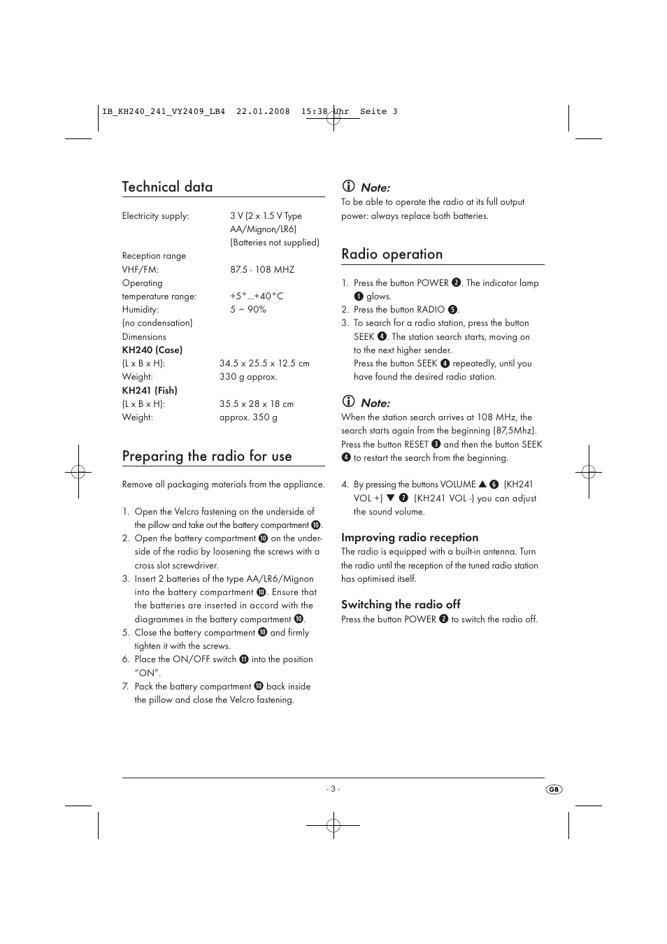 Technical data, Preparing the radio for use, Radio operation | Kompernass KH 240 User Manual | Page 5 / 35