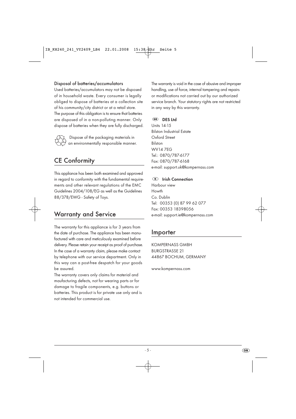 Ce conformity, Warranty and service, Importer | Kompernass KH 240 User Manual | Page 7 / 35