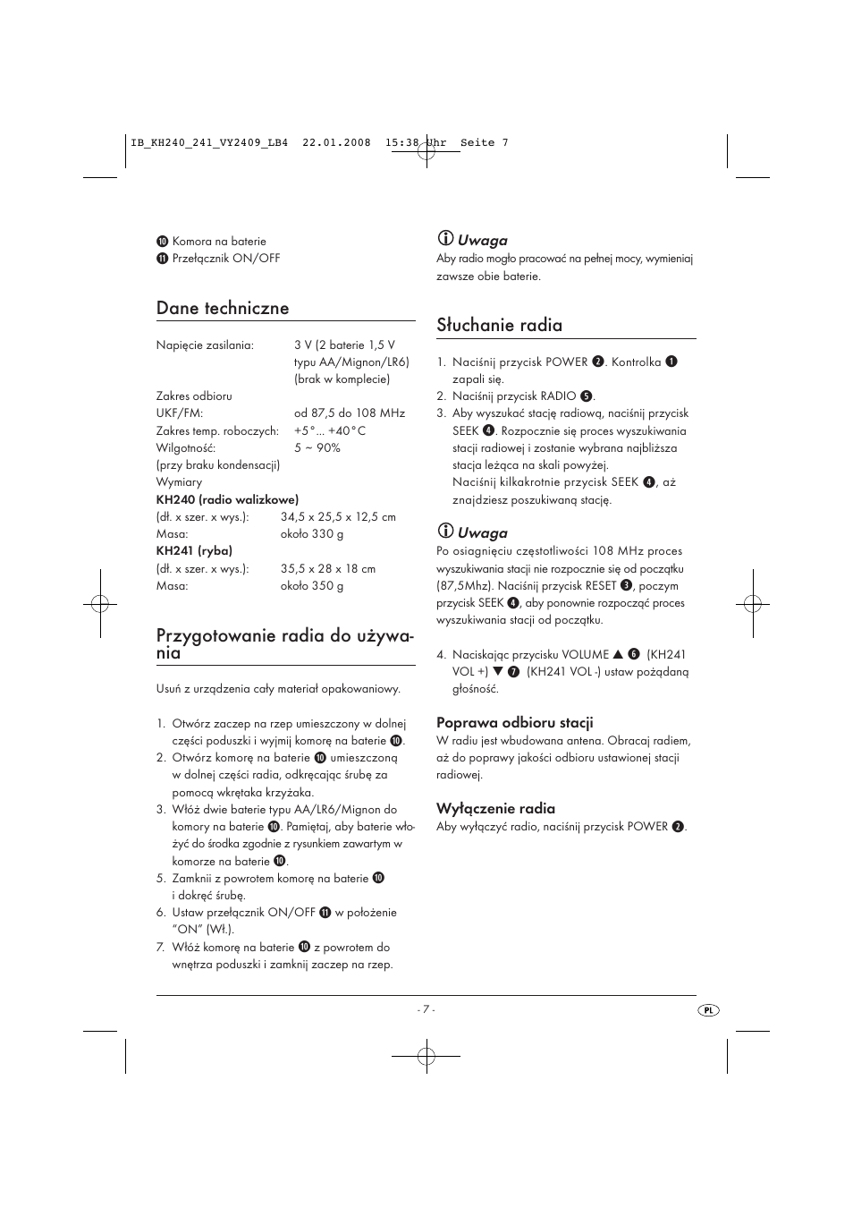 Dane techniczne, Przygotowanie radia do używa- nia, Słuchanie radia | Kompernass KH 240 User Manual | Page 9 / 35