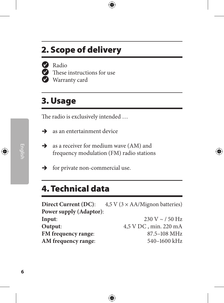 Scope of delivery, Usage, Technical data | Kompernass KH 2243 User Manual | Page 6 / 17