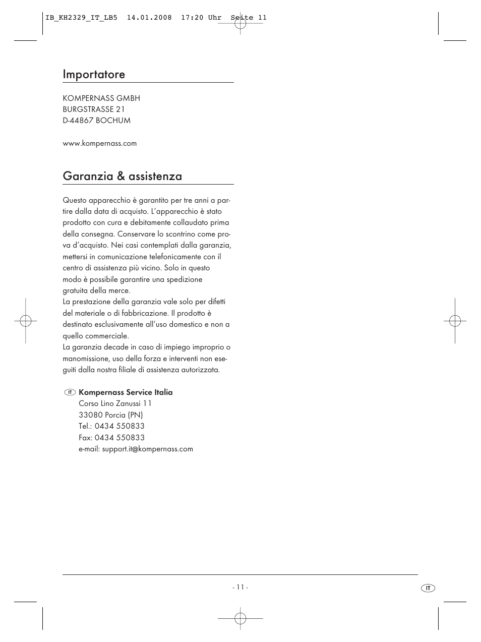 Importatore, Garanzia & assistenza | Kompernass KH 2329 User Manual | Page 13 / 26