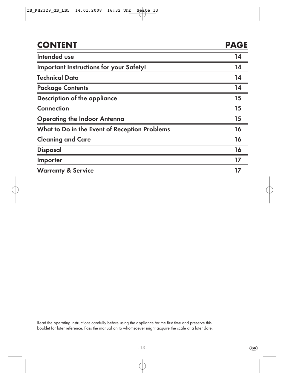 Content page | Kompernass KH 2329 User Manual | Page 15 / 26