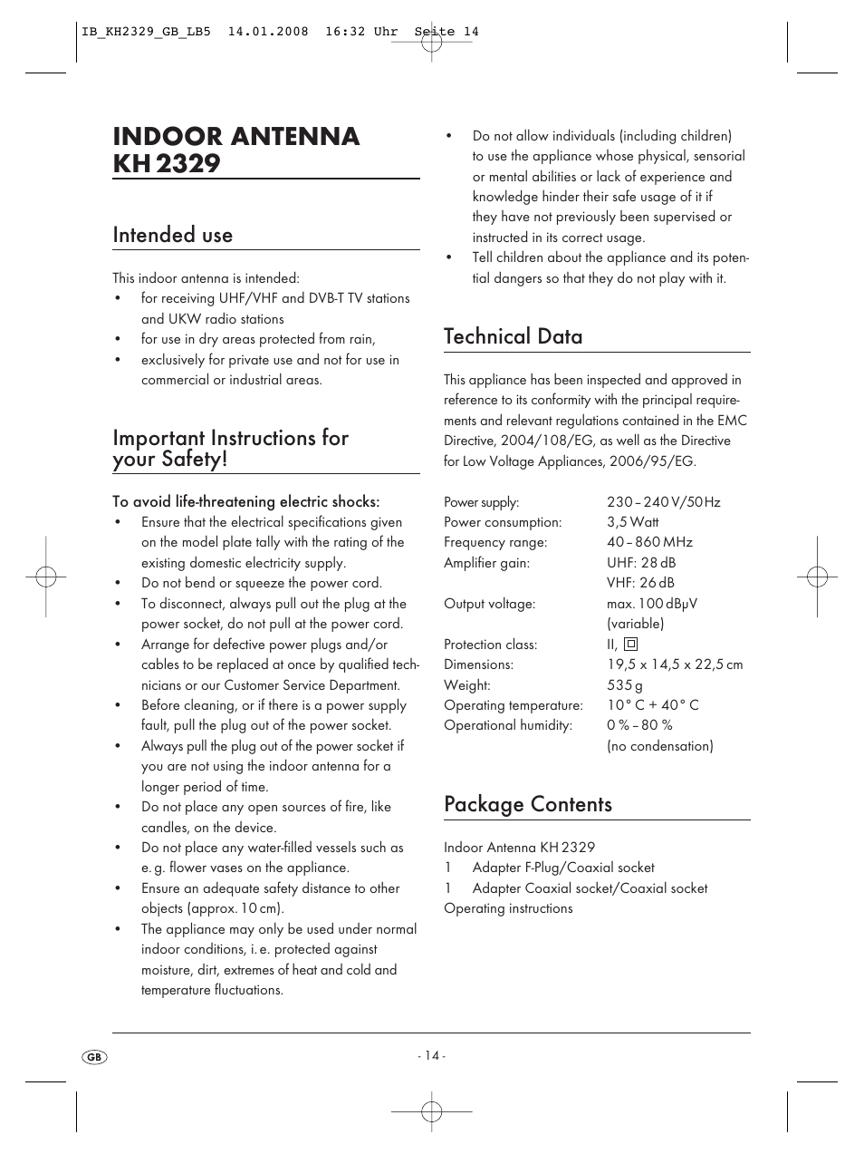 Indoor antenna kh 2329, Intended use, Important instructions for your safety | Technical data, Package contents | Kompernass KH 2329 User Manual | Page 16 / 26