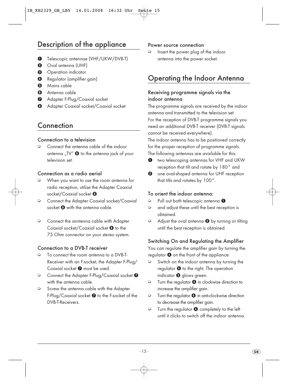 Description of the appliance, Connection, Operating the indoor antenna | Kompernass KH 2329 User Manual | Page 17 / 26