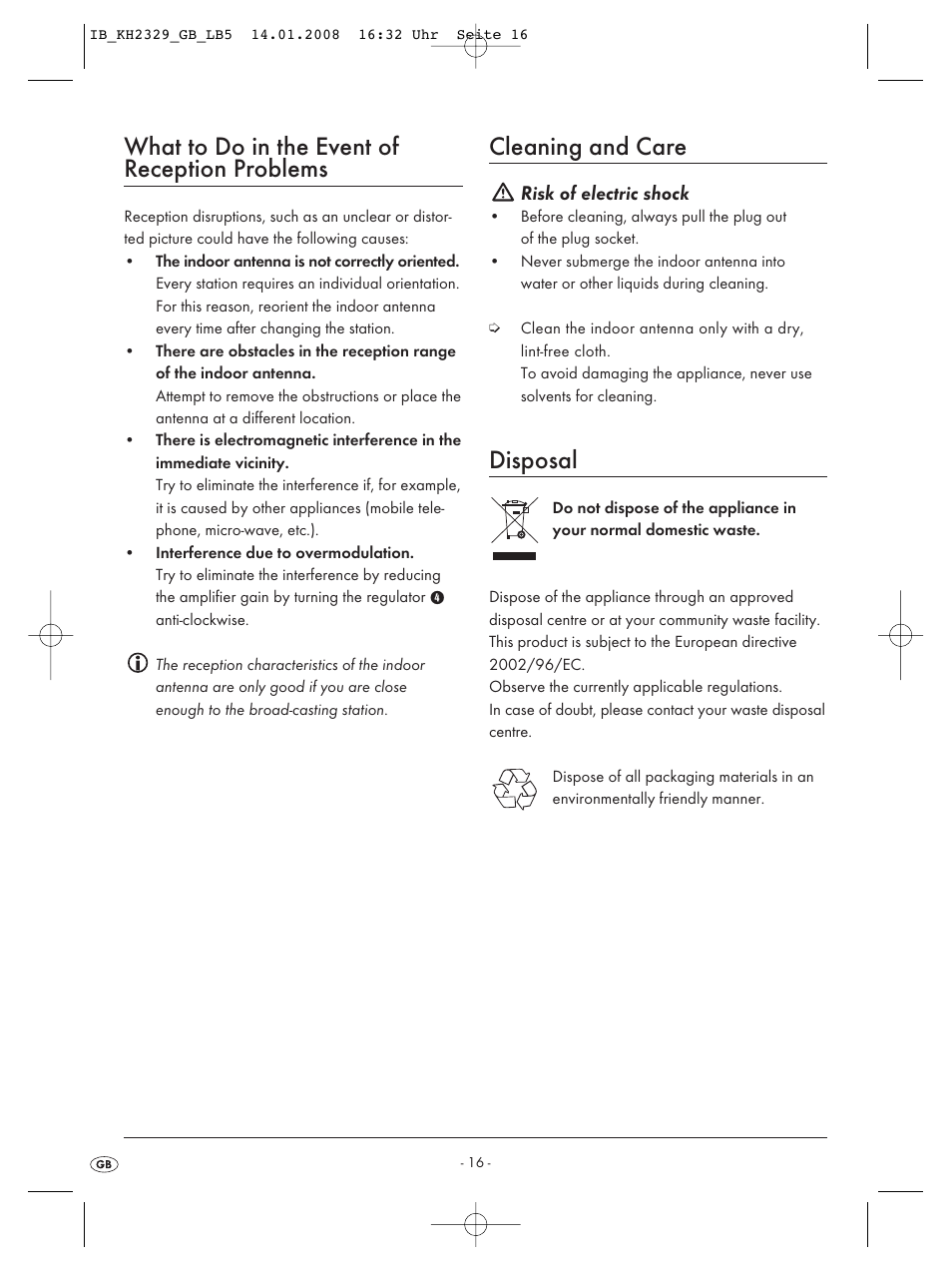 What to do in the event of reception problems, Cleaning and care, Disposal | Kompernass KH 2329 User Manual | Page 18 / 26