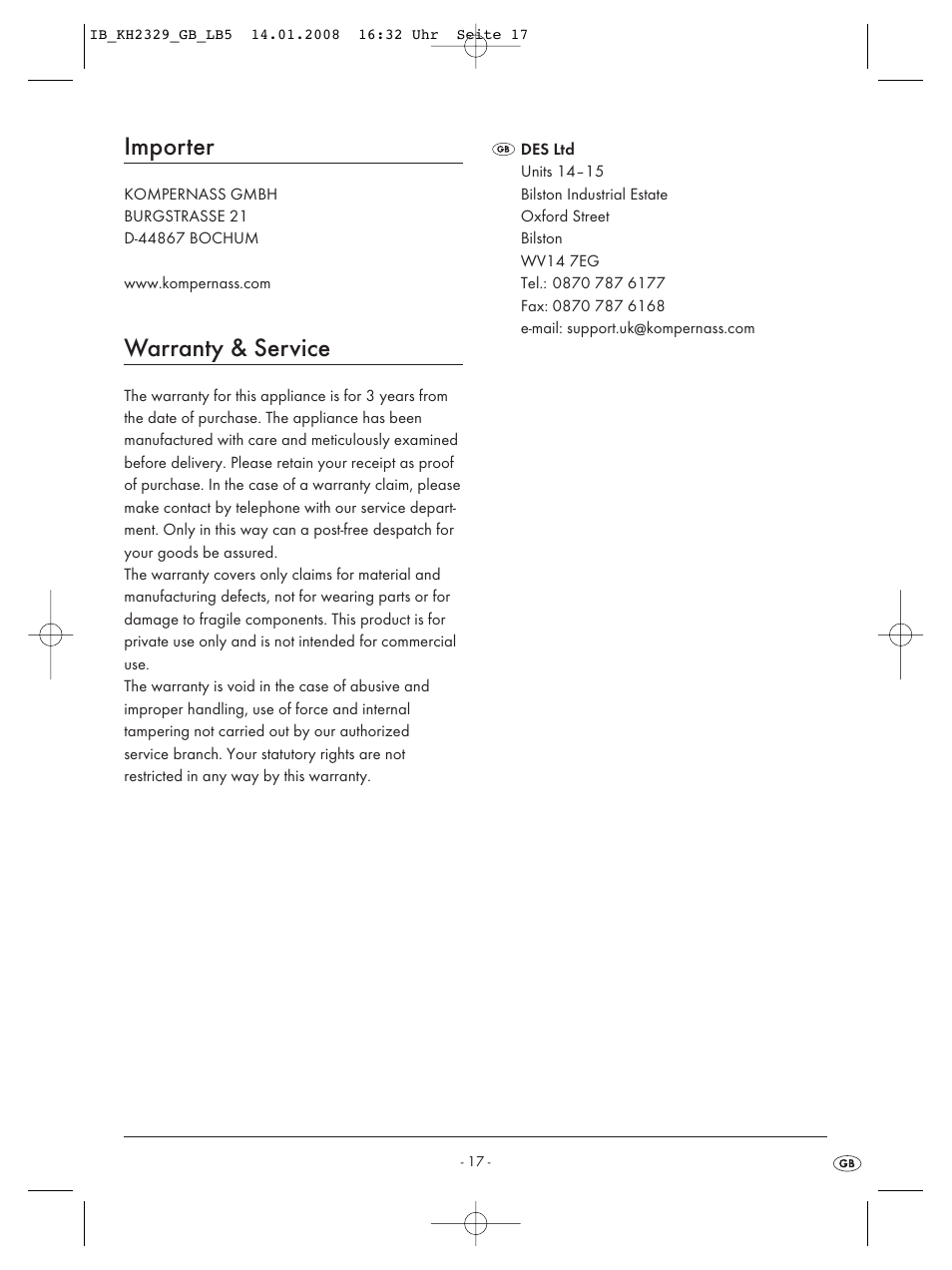 Importer, Warranty & service | Kompernass KH 2329 User Manual | Page 19 / 26