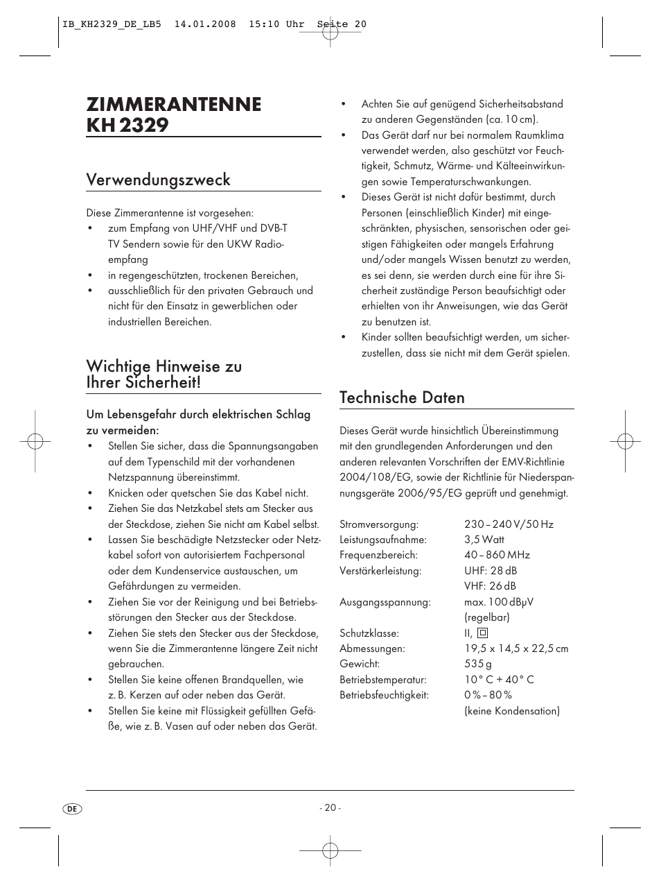 Zimmerantenne kh 2329, Verwendungszweck, Wichtige hinweise zu ihrer sicherheit | Technische daten | Kompernass KH 2329 User Manual | Page 22 / 26