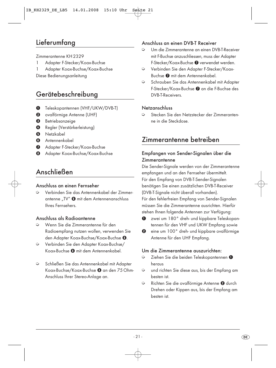 Lieferumfang, Gerätebeschreibung, Anschließen | Zimmerantenne betreiben | Kompernass KH 2329 User Manual | Page 23 / 26