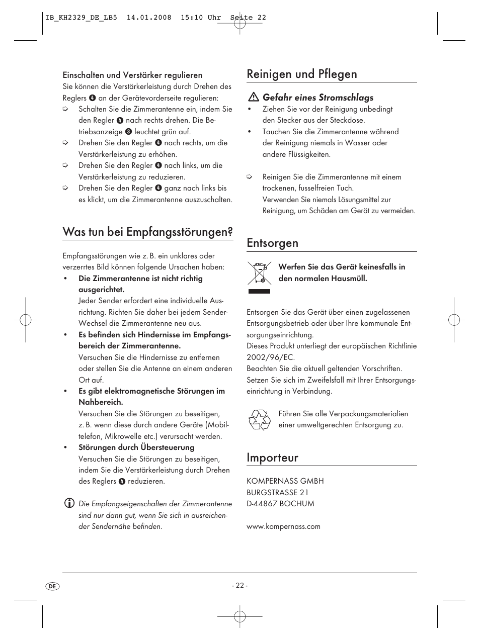 Was tun bei empfangsstörungen, Reinigen und pflegen, Entsorgen | Importeur, Gefahr eines stromschlags | Kompernass KH 2329 User Manual | Page 24 / 26