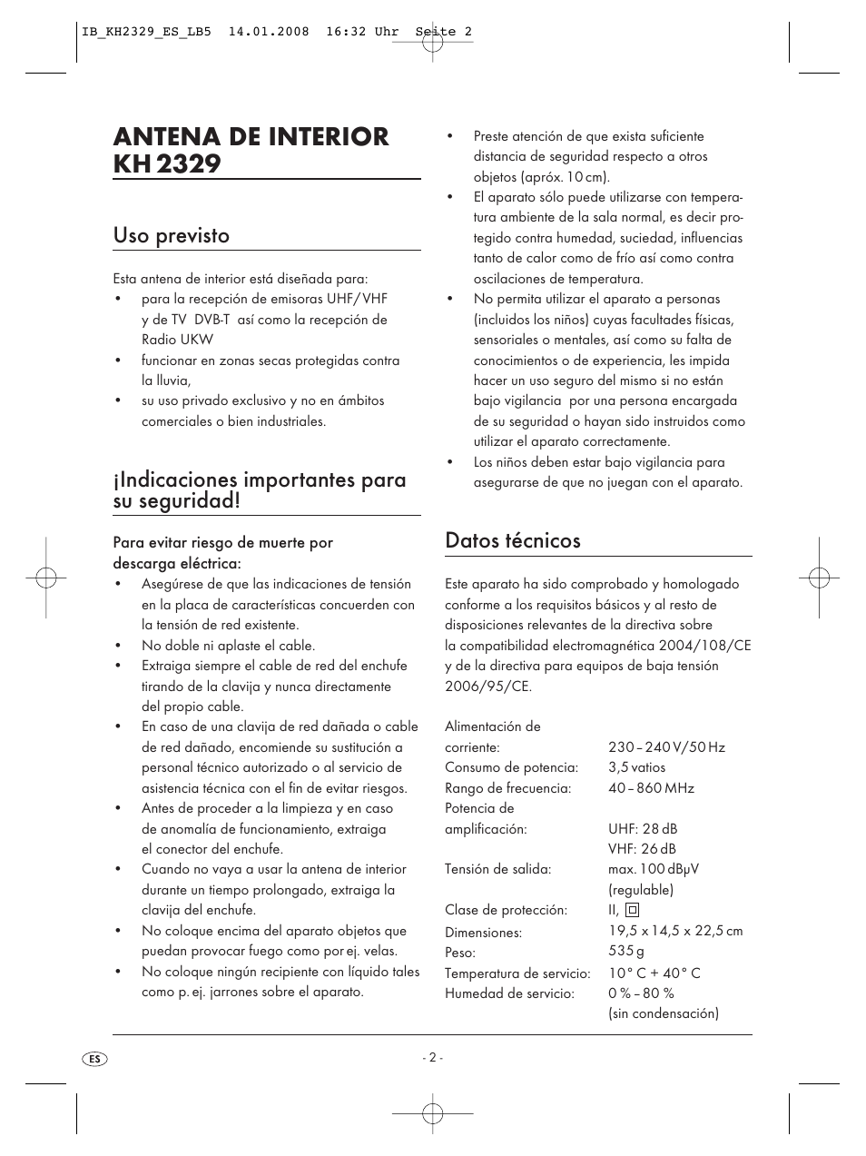 Antena de interior kh 2329, Uso previsto, Indicaciones importantes para su seguridad | Datos técnicos | Kompernass KH 2329 User Manual | Page 4 / 26