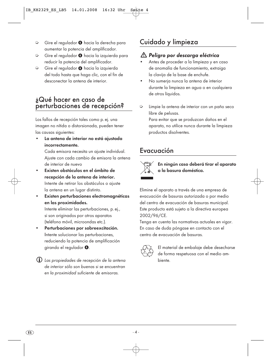 Qué hacer en caso de perturbaciones de recepción, Cuidado y limpieza, Evacuación | Kompernass KH 2329 User Manual | Page 6 / 26