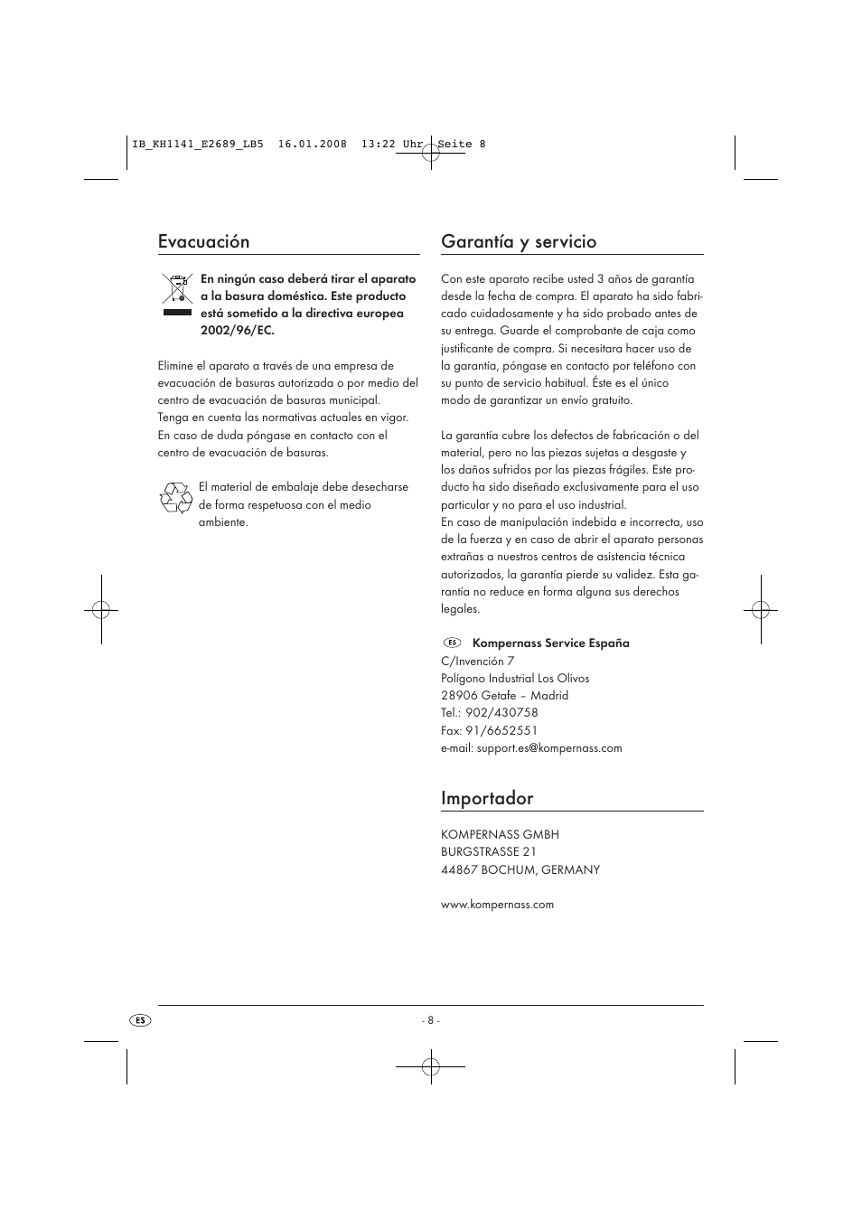 Evacuación, Garantía y servicio, Importador | Kompernass KH 1141 User Manual | Page 10 / 34
