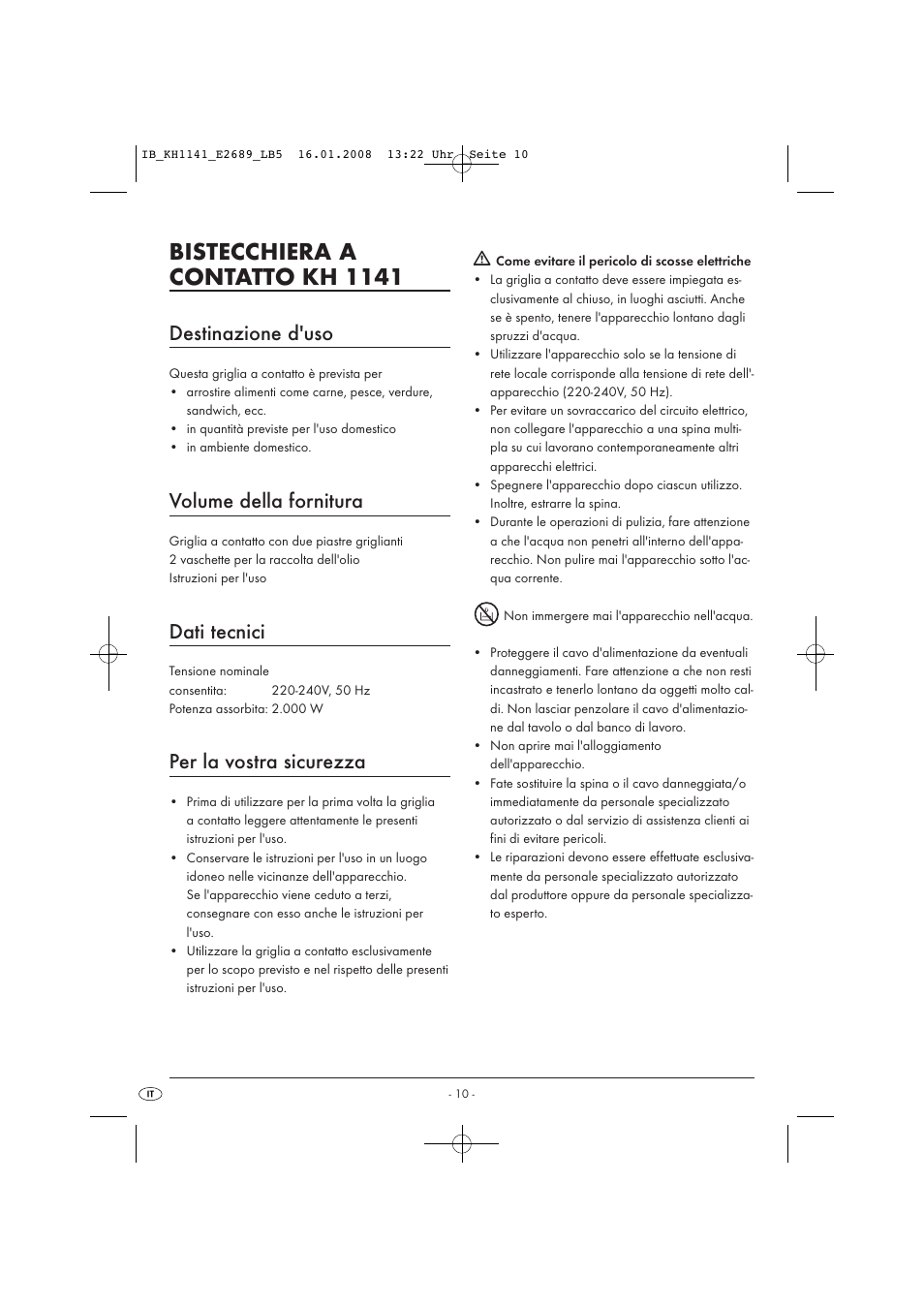 Bistecchiera a contatto kh 1141, Destinazione d'uso, Volume della fornitura | Dati tecnici, Per la vostra sicurezza | Kompernass KH 1141 User Manual | Page 12 / 34