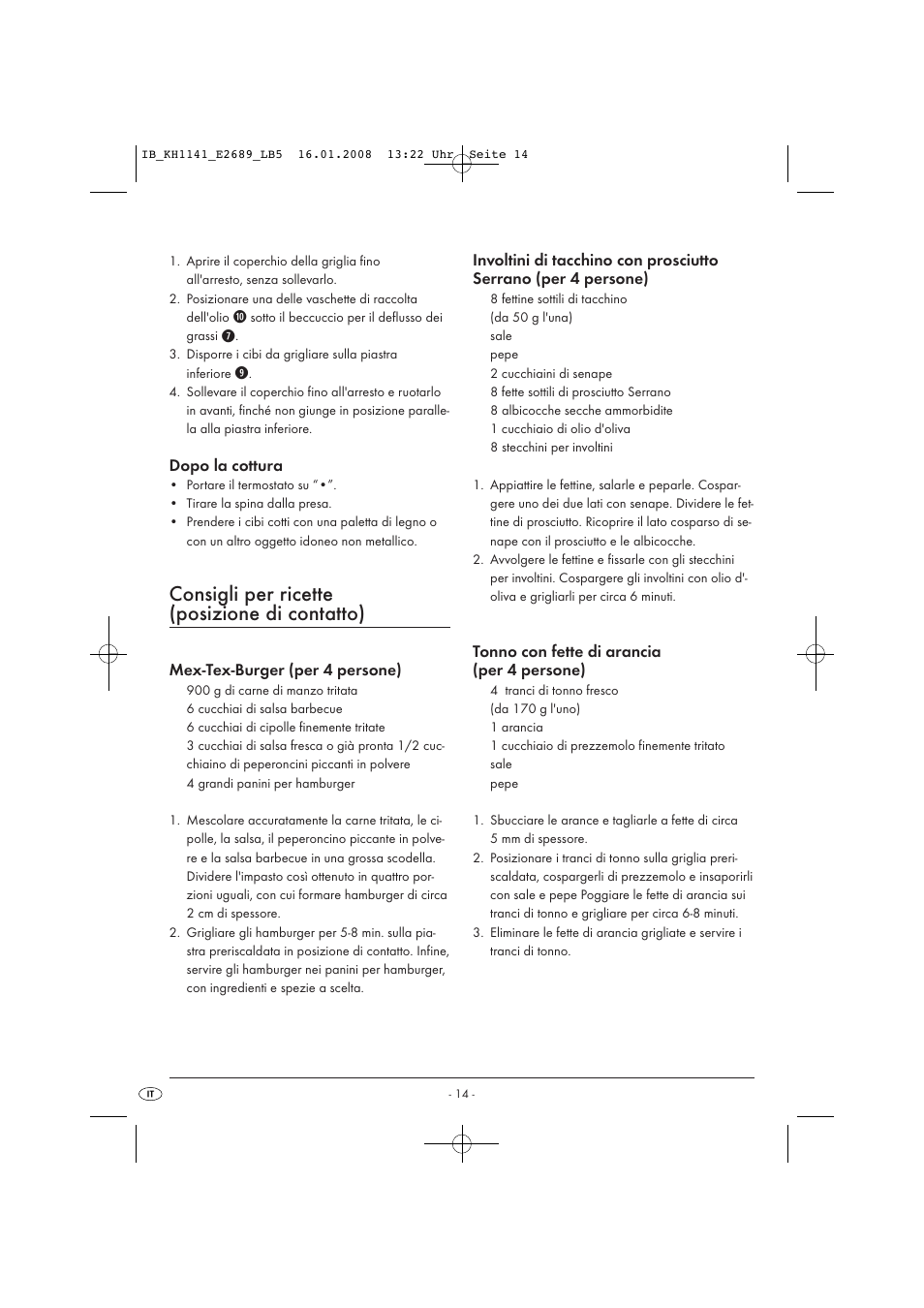 Consigli per ricette (posizione di contatto) | Kompernass KH 1141 User Manual | Page 16 / 34