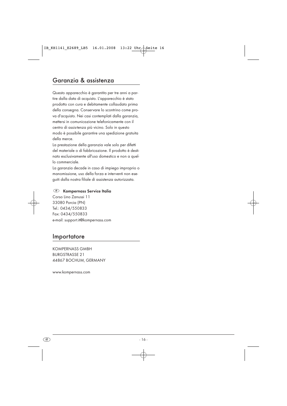 Garanzia & assistenza, Importatore | Kompernass KH 1141 User Manual | Page 18 / 34