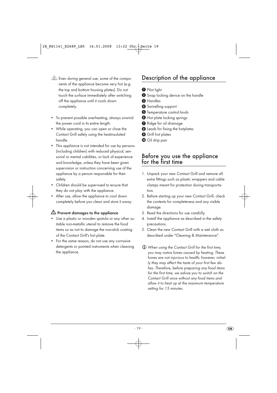 Description of the appliance, Before you use the appliance for the first time | Kompernass KH 1141 User Manual | Page 21 / 34