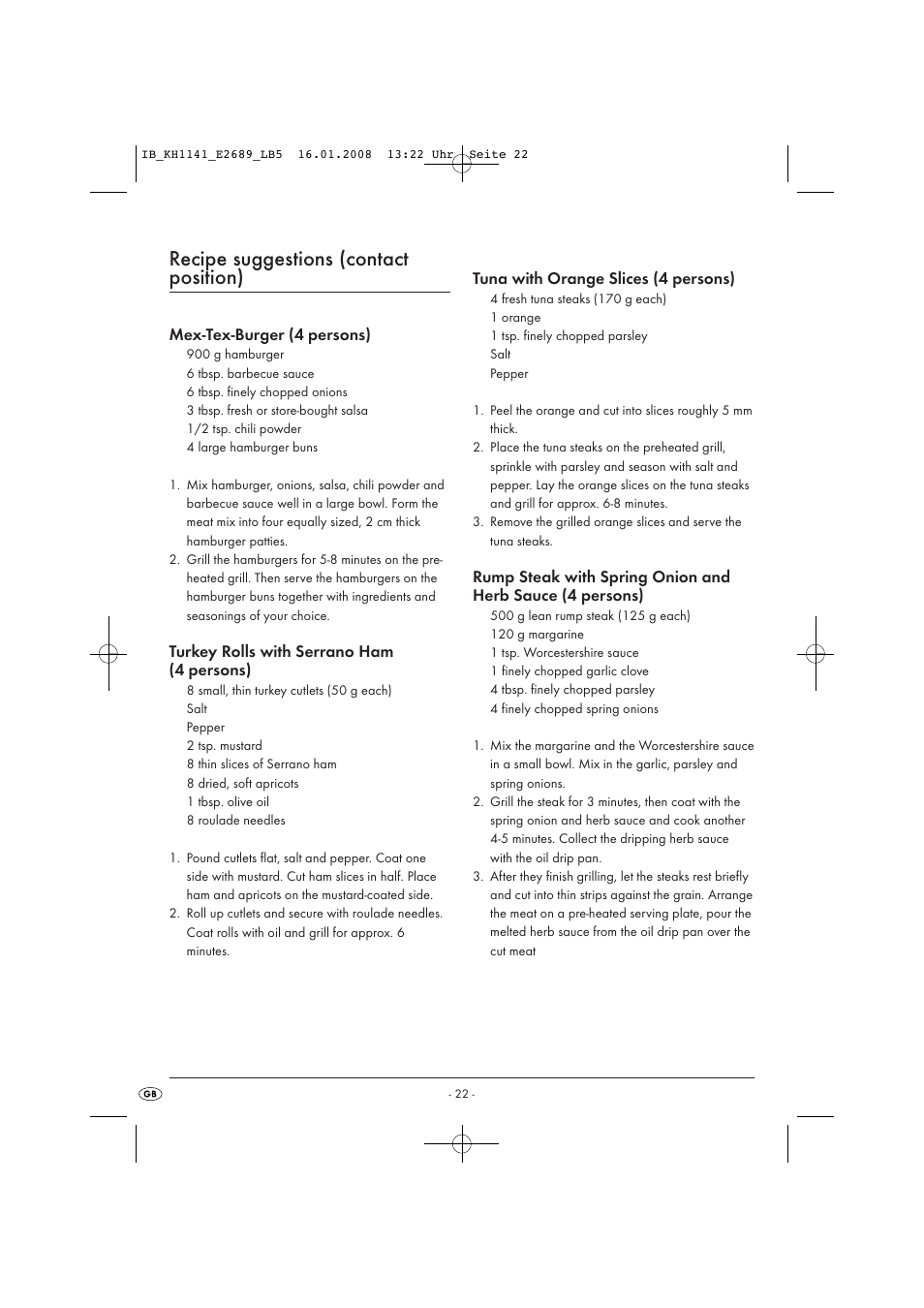 Recipe suggestions (contact position) | Kompernass KH 1141 User Manual | Page 24 / 34