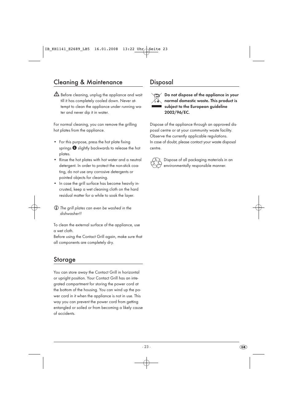 Cleaning & maintenance, Storage, Disposal | Kompernass KH 1141 User Manual | Page 25 / 34