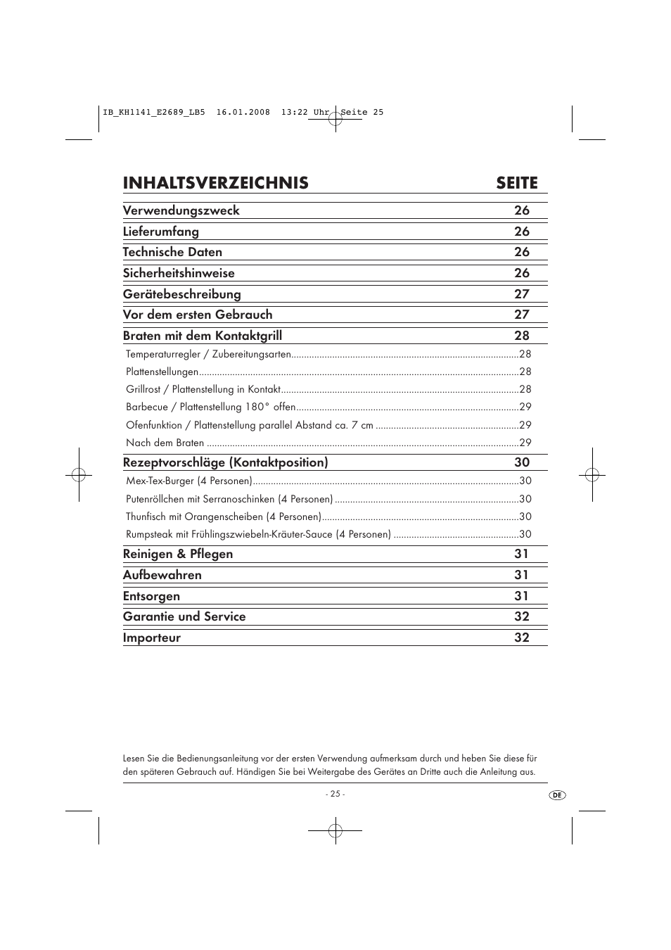 Inhaltsverzeichnis seite | Kompernass KH 1141 User Manual | Page 27 / 34