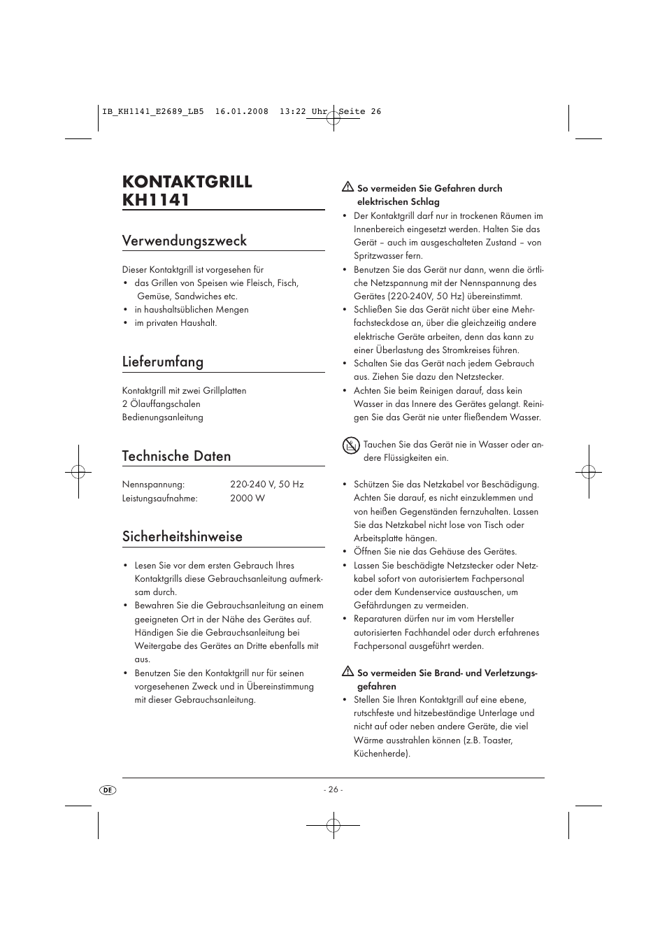 Kontaktgrill kh1141, Verwendungszweck, Lieferumfang | Technische daten, Sicherheitshinweise | Kompernass KH 1141 User Manual | Page 28 / 34