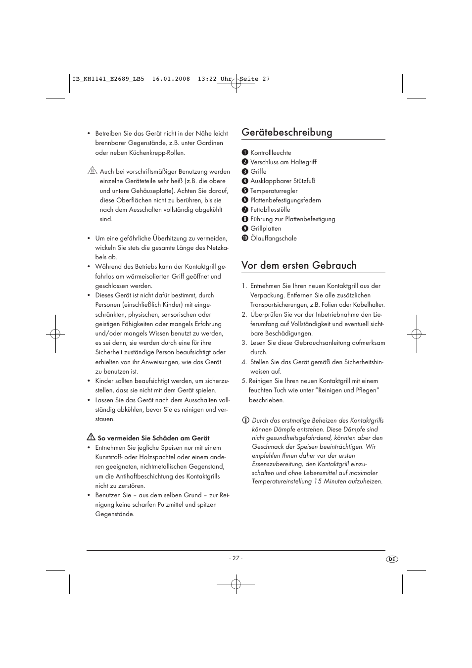 Gerätebeschreibung, Vor dem ersten gebrauch | Kompernass KH 1141 User Manual | Page 29 / 34