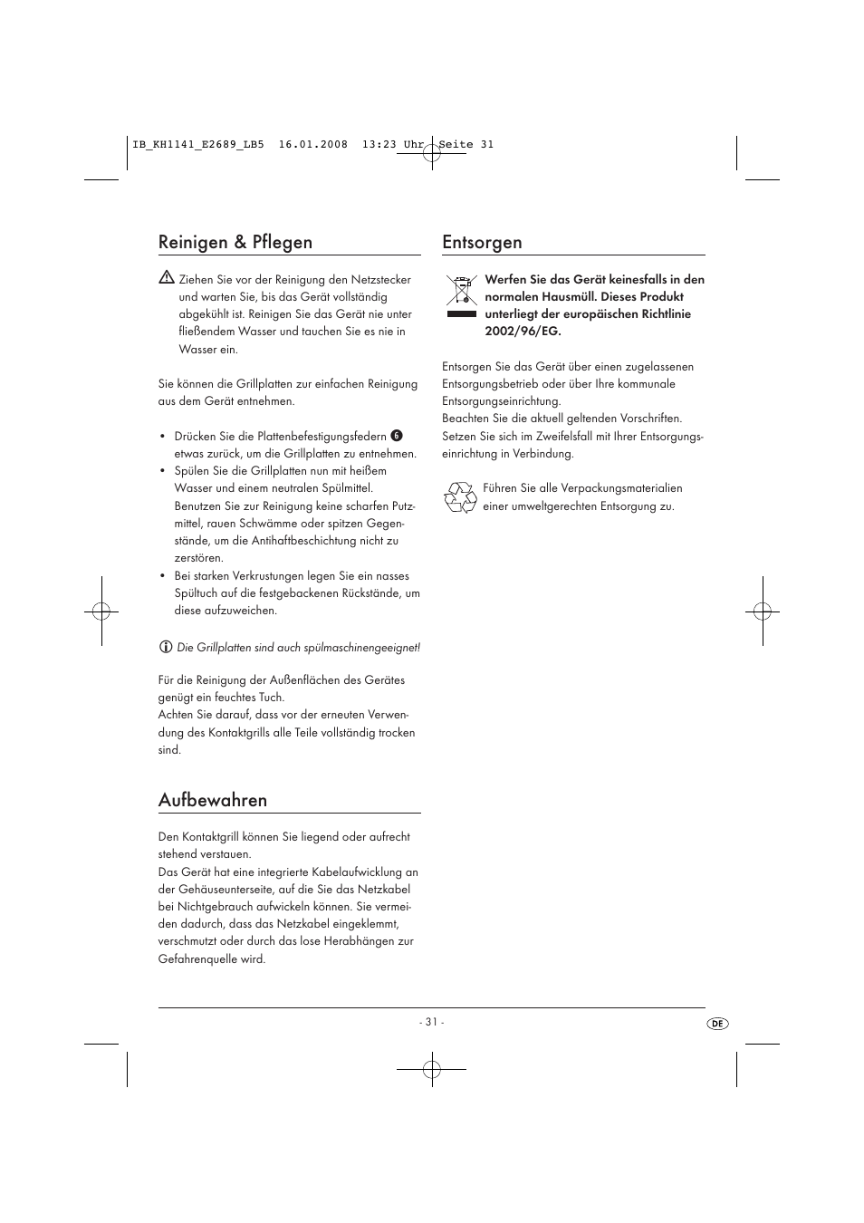 Reinigen & pflegen, Aufbewahren, Entsorgen | Kompernass KH 1141 User Manual | Page 33 / 34