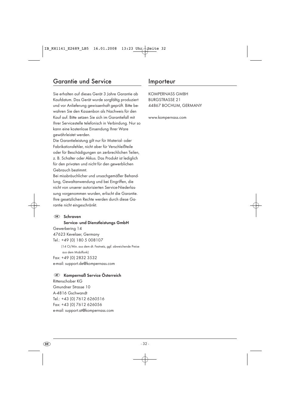 Garantie und service, Importeur | Kompernass KH 1141 User Manual | Page 34 / 34