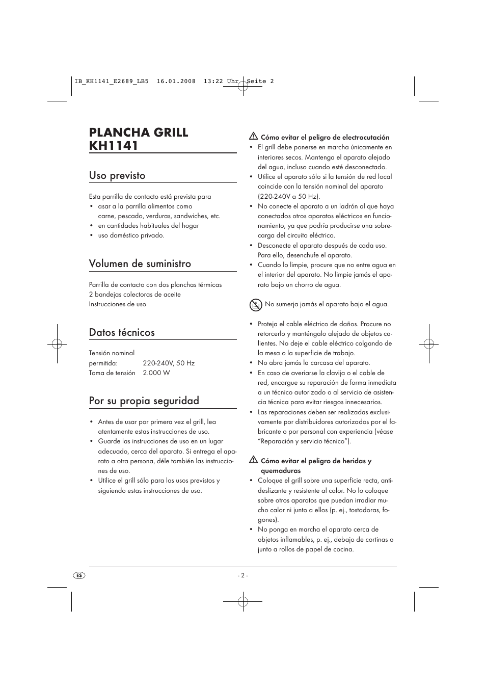 Plancha grill kh1141, Uso previsto, Volumen de suministro | Datos técnicos, Por su propia seguridad | Kompernass KH 1141 User Manual | Page 4 / 34