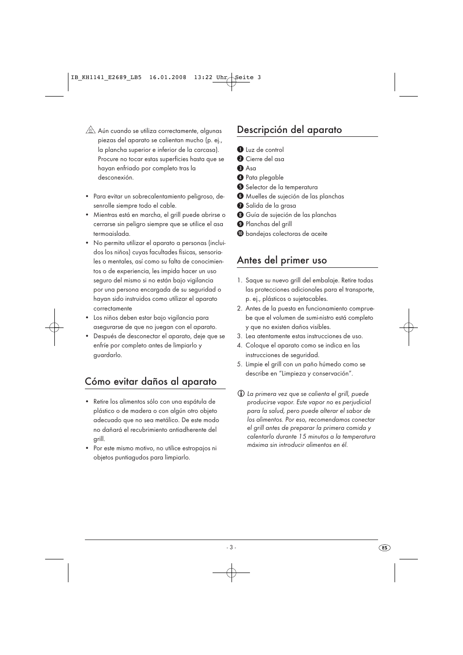 Cómo evitar daños al aparato, Descripción del aparato, Antes del primer uso | Kompernass KH 1141 User Manual | Page 5 / 34