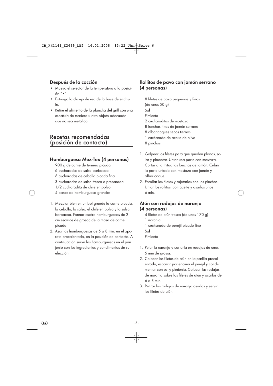 Recetas recomendadas (posición de contacto) | Kompernass KH 1141 User Manual | Page 8 / 34