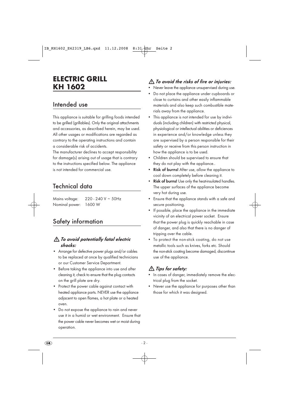 Electric grill kh 1602, Intended use, Technical data | Safety information | Kompernass KH1602-10/08-V1 User Manual | Page 4 / 7
