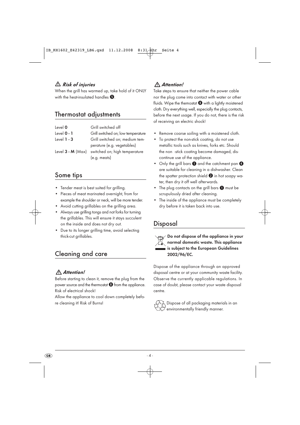 Thermostat adjustments, Some tips, Cleaning and care | Disposal | Kompernass KH1602-10/08-V1 User Manual | Page 6 / 7