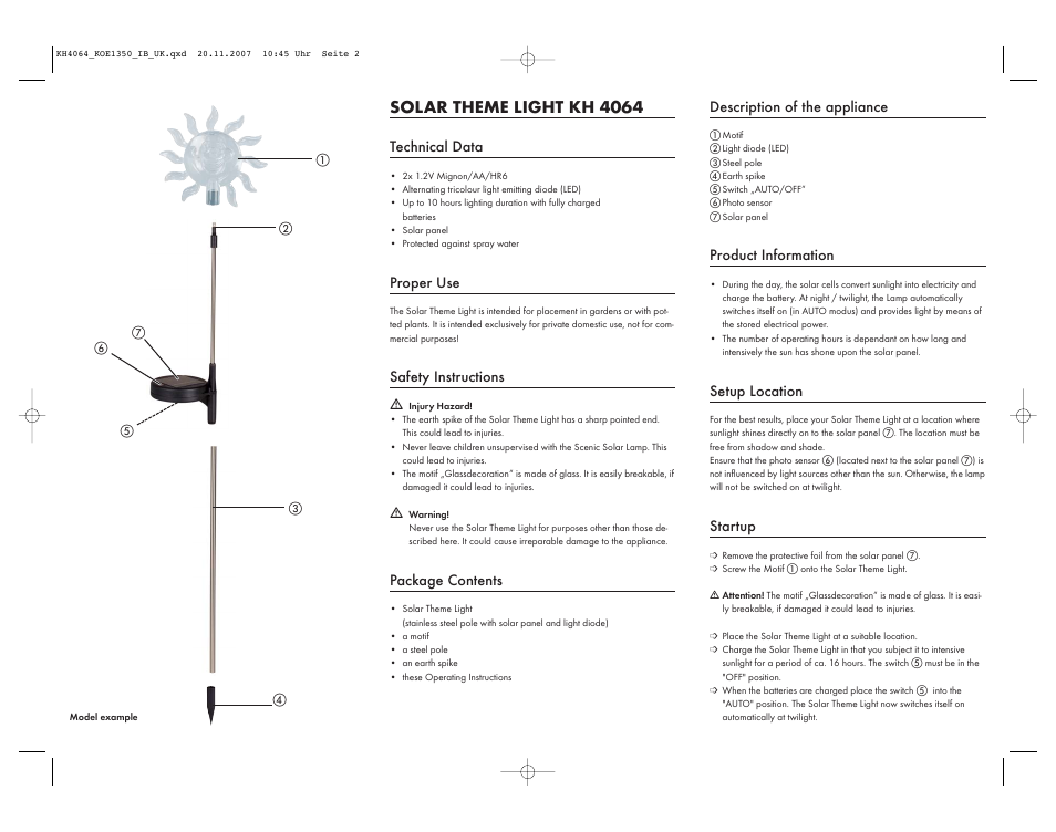 Solar theme light kh 4064, Technical data, Proper use | Safety instructions, Package contents, Description of the appliance, Product information, Setup location, Startup | Kompernass KH4064-11 User Manual | Page 2 / 2