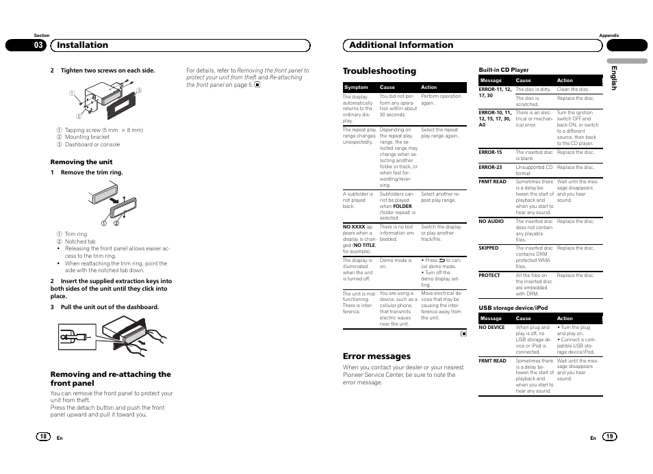 03 installation troubleshooting, Error messages, Additional information | Pioneer DEH-3300UB User Manual | Page 10 / 100